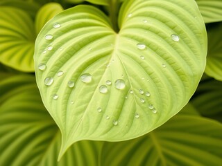 Obraz premium Closeup of a vibrant green Hosta leaf with water droplets