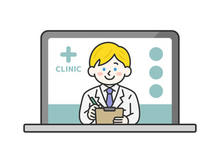 パソコンでオンライン診療する、カルテを持った、白人の男性医師（線画カラー）のイラスト