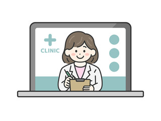 パソコンでオンライン診療する、カルテを持った、女性医師（線画カラー）のイラスト