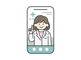 スマートフォンでオンライン診療する、女性医師（線画カラー）のイラスト