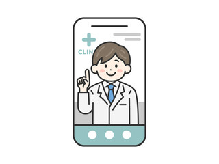 スマートフォンでオンライン診療する、男性医師（線画カラー）のイラスト