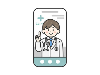 スマートフォンでオンライン診療する、聴診器をつけた、男性医師（線画カラー）のイラスト