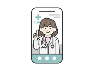 スマートフォンでオンライン診療する、聴診器をつけた、女性医師（線画カラー）のイラスト