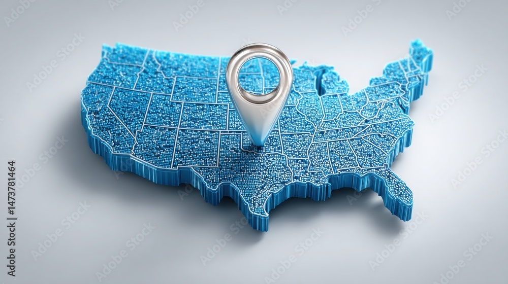Poster centralized map display with a prominent pin indicating a key location in the united states for navi