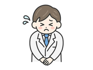頭を下げて謝罪する、男性医師（線画カラー）のイラスト