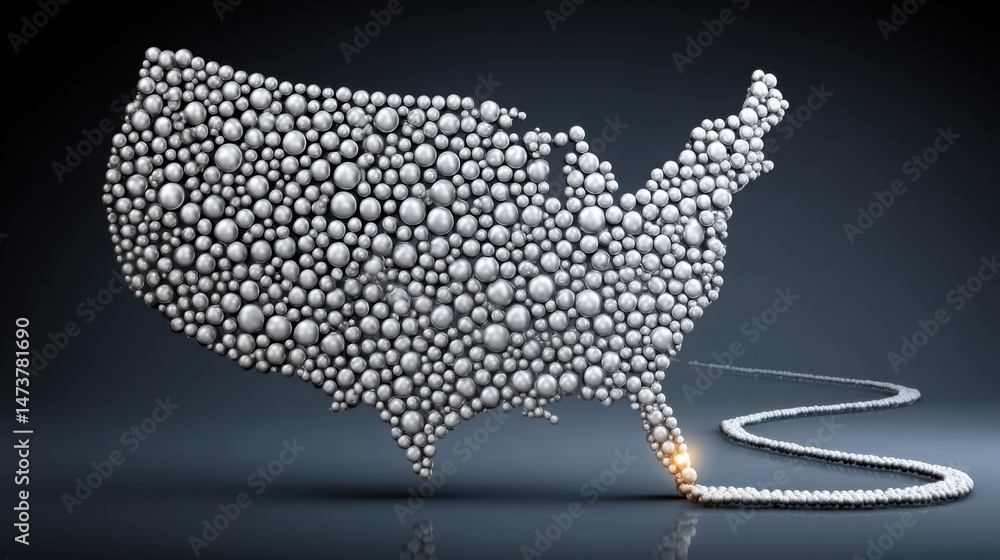 Poster an artistic representation of the united states created with a string of pearls illustrating geograp