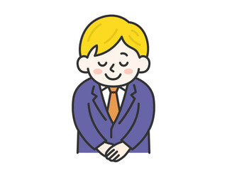 お辞儀をする、白人のビジネスマン（線画カラー）のイラスト