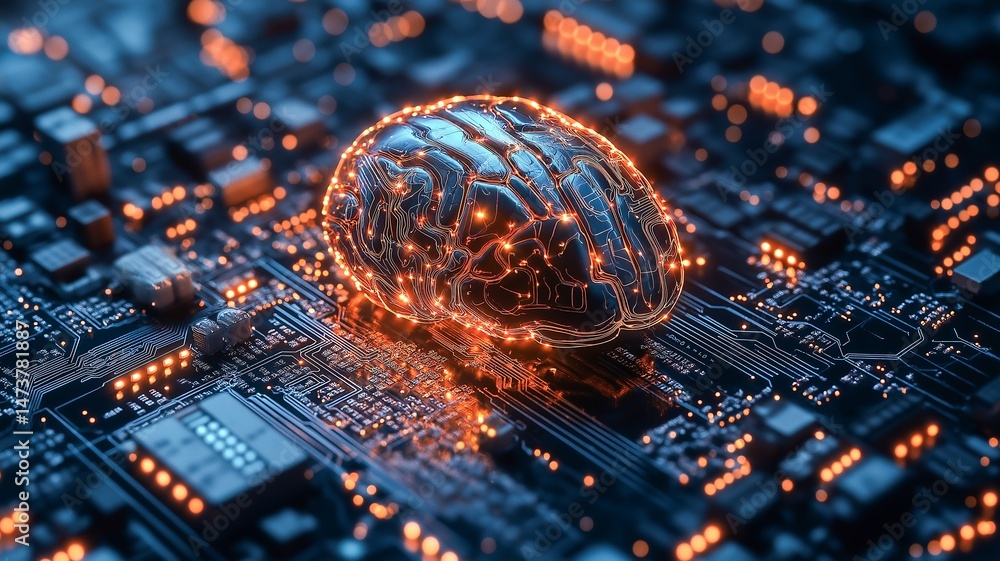Aufkleber a glowing circuit brain among computer parts symbolizes technology and intelligence fusion.