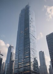 Fototapeta premium Sleek glass skyscraper rising, city skyline backdrop, progress timelapse, modern architecture