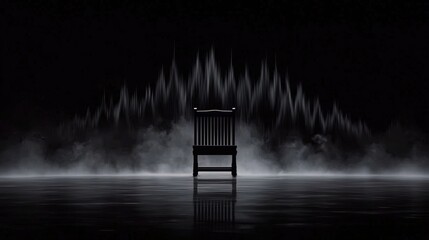 A black chair in a dark room with a white sound wave pattern behind it.