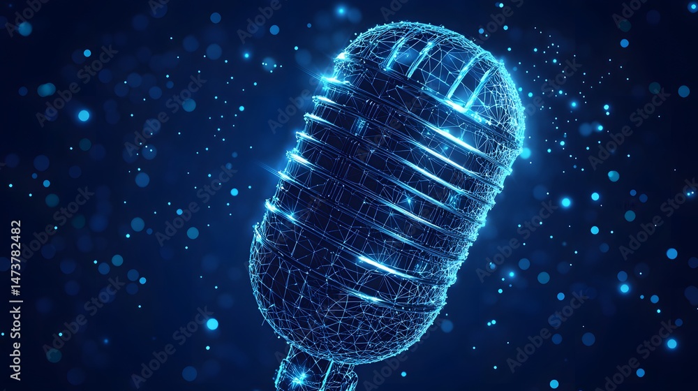 Poster futuristic microphone concept. a vintage design is reborn in light, composed of digital blue lines o