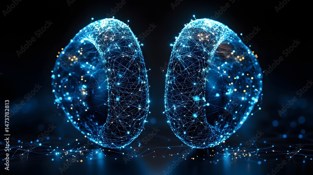 Fototapete Two luminous blue torus shapes float above a reflective surface, their wireframe structures glowing against a dark blue background, creating a mesmerizing visual. Abstract wireframe in dark blue.