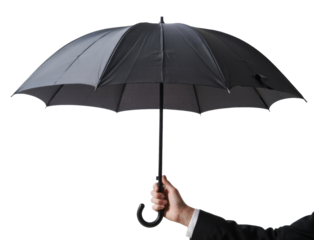 black umbrella held by businessman's hand on white background.