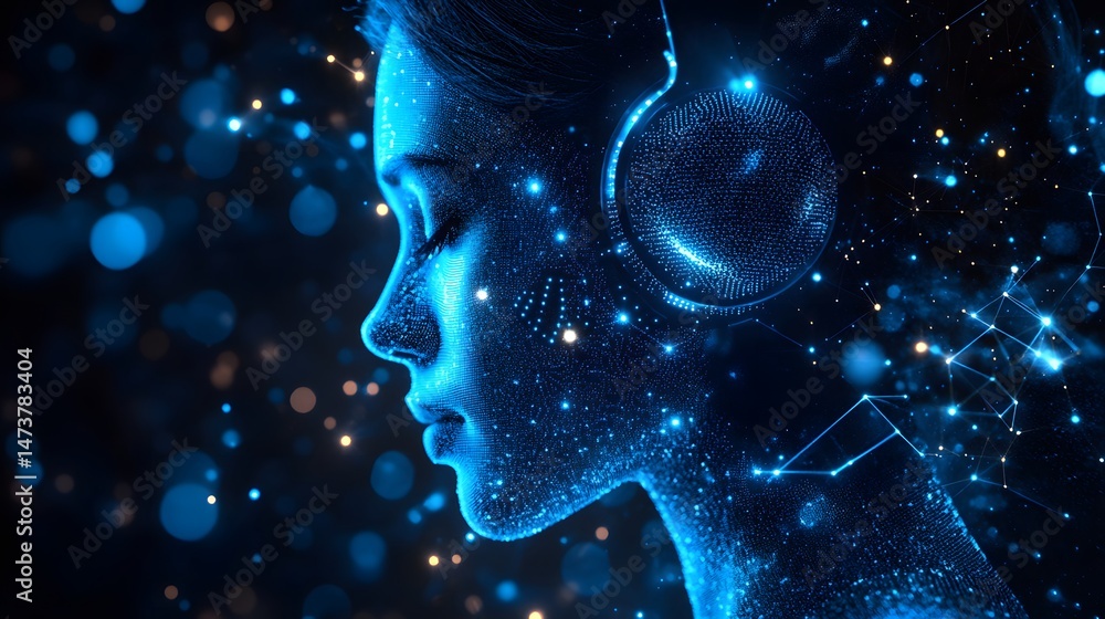 Poster a captivating profile of a woman rendered in blue dots, headphones on, amidst bokeh lights. networke