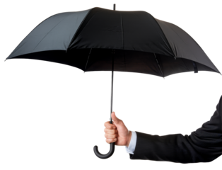 black umbrella held by businessman on white background.