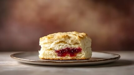 Buttermilk biscuit cracked open with jam pooling.