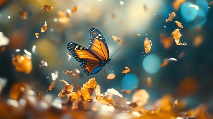 Monarch butterfly flying amidst falling leaves in a dreamy forest scene