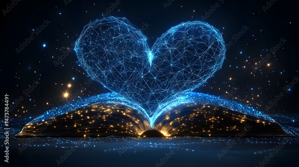 Poster Glowing heart hovers above an open book, symbolizing knowledge and connection. Golden light radiates, creating a magical atmosphere, ideal for education and innovation. Abstract wireframe in dark blue
