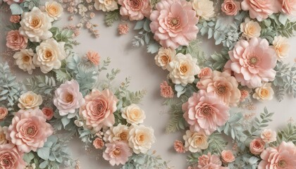 Pastel-colored artificial flower wall with lace, vintage floral design, wallpaper background, romantic, design, wallpaper