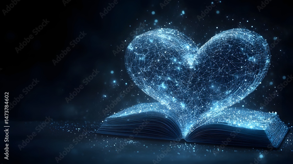 Aufkleber A book unveils a luminous heart of digital lines, symbolizing the fusion of knowledge and emotion. Sparkling lights enhance the magical atmosphere. Abstract wireframe in dark blue