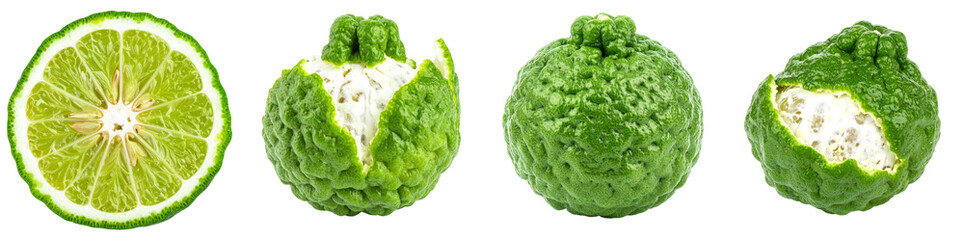 Obraz premium Fresh Kaffir Lime, Bergamot Fruit PNG set Transparent background