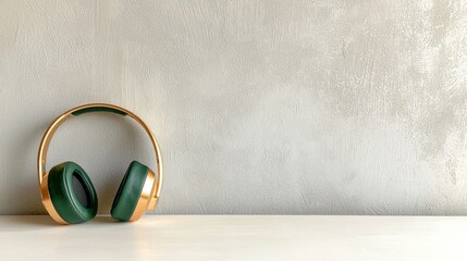 A pair of green and gold headphones rests on a white surface.