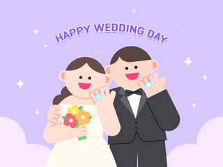 Happy couple showing rings on their wedding day.