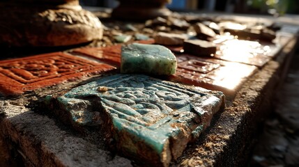 Jade fragments scatter across the sun-drenched surface of a cracked, terracotta tile, hinting at a long-lost civilization's artistry