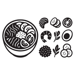 poke bowl collection. Salmon, cucumber, tomato, egg, shrimp and other vector