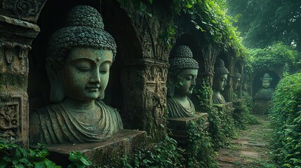 Jade statues stand sentinel in a forgotten garden, their surfaces weathered by time and draped with climbing vines The air is still and heavy