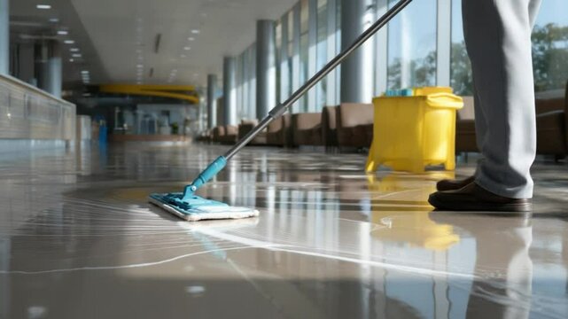 Moping the gleaming floor: A dedicated professional meticulously mops a polished floor in a contemporary office building, enhancing cleanliness and contributing to a pristine workspace environment. 