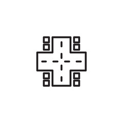 An intersection icon shows two perpendicular roads with dashed center lines. Stylized buildings or blocks are located at each of the four corners of the intersection.