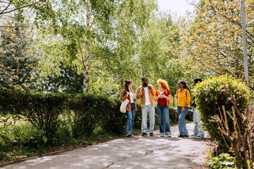 Group of university students learning together in a sunny park environment while enjoying a moment of friendship and study