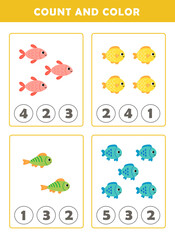 Learning numbers worksheets for preschool and kindergarten. Counting educational children game. Math kids activity sheet. How many counting game with cute fish illustration.