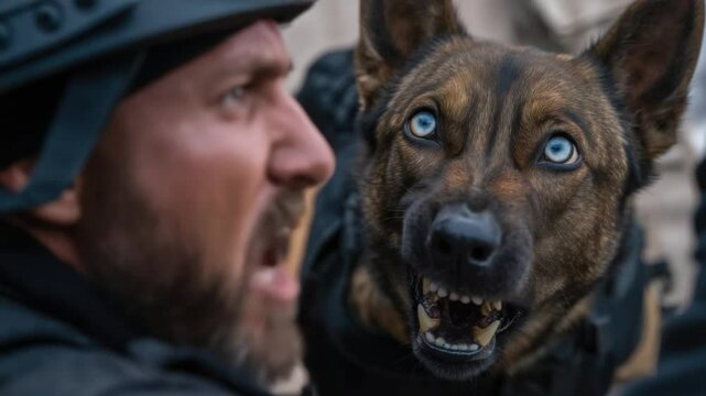 Intense bond: A captivating moment of human-animal interaction, depicting a trained service dog, fixated on its handler with unwavering focus and loyalty in a compelling scene. 