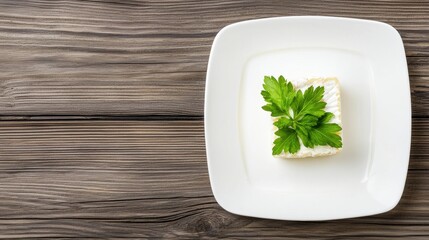 A white plate with a piece of cheese and parsley on top.