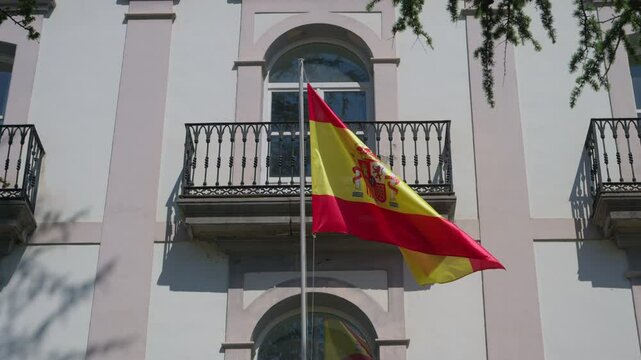 Laredo Town Hall Facade with Spanish Flag, Cantabria, Spain