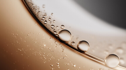 Golden hydrating essence bubbles, close-up viscous skincare serum texture. Ideal for moisturizing product ads, beauty tech visuals, cosmetic branding, luxury skincare content, premium beauty