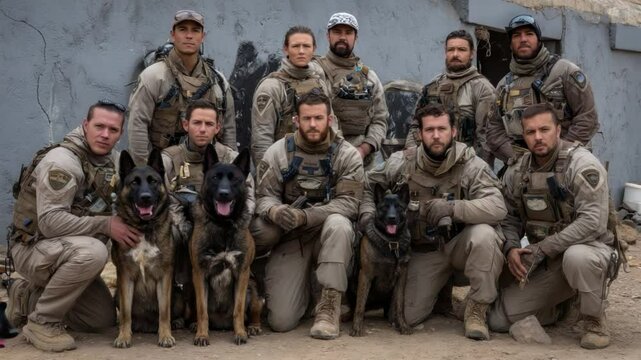 Elite Squad and Canine Companions: A resolute squad of military personnel, united with their loyal canine partners, poses with unwavering resolve against a backdrop of weathered stone.