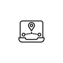 A laptop screen displays a map with a location pin at the top. A dashed line extends from the pin to two circular markers at the bottom, indicating a route or distance between points.