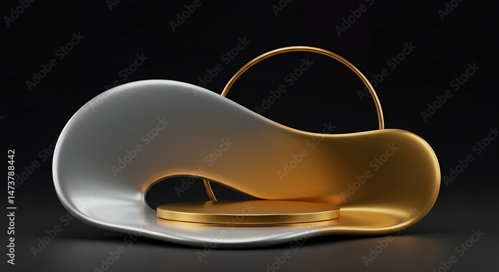 Poster elegant 3d rendering of a modern abstract gold and silver podium display with a golden ring element,