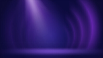 Fototapeta premium Spotlight purple blue stage background. Minimalist interior studio illuminated by spotlight. Backdrop displaying products, presentation, advertising. Showcase. Circular gradient. Vector illustration