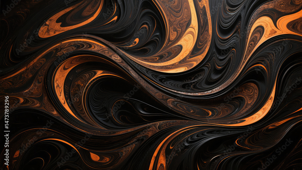 Poster abstract swirling pattern in black and orange hues creating an elegant visual texture