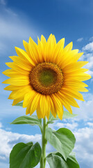 Obraz premium A vibrant yellow sunflower stretches towards a blue sky dotted with fluffy white clouds on a beautiful summer day, radiating warmth and natural beauty.