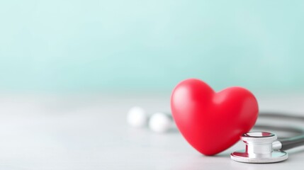 Fototapeta premium A vivid red heart symbolizing care alongside a stethoscope and calming background.