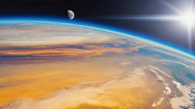 Earth From Space View of Planet With Moon and Stars