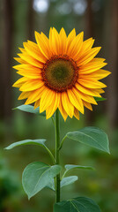Obraz premium A vibrant yellow sunflower stands tall with its face toward the sun, showcasing its intricate patterns in a natural outdoor setting on a summer day.