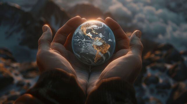 Primer plano conceptual de dos manos sosteniendo delicadamente el planeta Tierra, ideal para ecolog&iacute;a, sostenibilidad y responsabilidad ambiental.