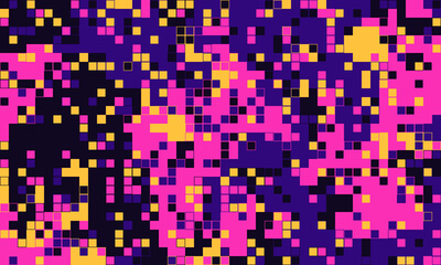 Abstract pixel art background. Vibrant pink, purple, and yellow squares create a dynamic, energetic texture. Ideal for tech, gaming, or fashion designs, adding a retrofuturistic vibe.