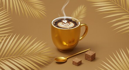 Luxurious golden coffee cup with latte art, palm leaves, spoon, and sugar cubes on a warm brown background, evoking elegance and a cozy mood.